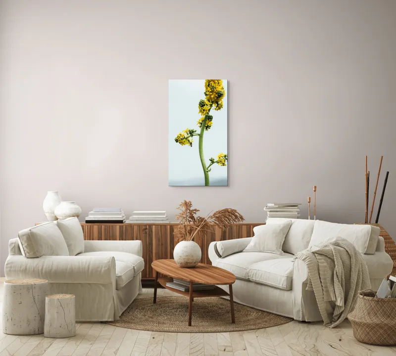 Tablou Canvas, "Albina și floarea galbenă înaltă", Plantă, Flori, Galben, Albine, Natură, Tulpină, Cer, Verde, Viață, Delicat., 50 x 90 cm – poza 7