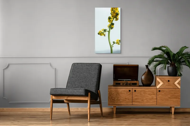 Tablou Canvas, "Albina și floarea galbenă înaltă", Plantă, Flori, Galben, Albine, Natură, Tulpină, Cer, Verde, Viață, Delicat., 50 x 90 cm – poza 8