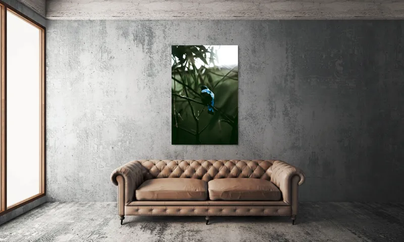 Tablou Canvas, "Pasărea albastră în pădure misterioasă", Pasăre, Albastră, Ramură, Frunze, Siluetă, Lumină, Natural, Exotic, 100 x 150 cm – poza 6