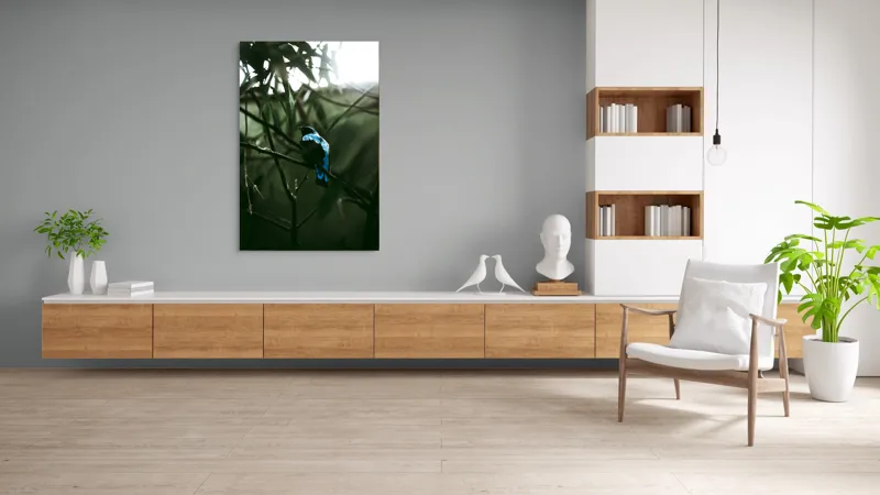 Tablou Canvas, "Pasărea albastră în pădure misterioasă", Pasăre, Albastră, Ramură, Frunze, Siluetă, Lumină, Natural, Exotic, 100 x 150 cm – poza 8