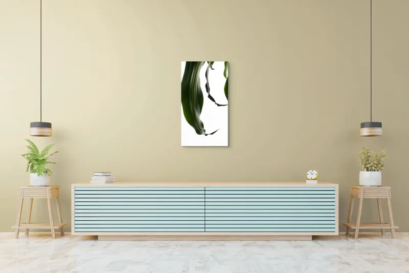 Tablou Canvas, "Frumusețea discretă a frunzelor verzi", Frunze, Verde, Elegante, Fluiditate, Alb, Minimalism, Natură, 50 x 90 cm – poza 6