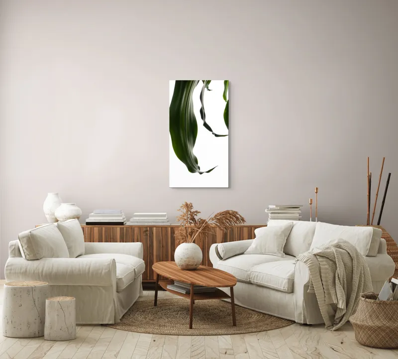 Tablou Canvas, "Frumusețea discretă a frunzelor verzi", Frunze, Verde, Elegante, Fluiditate, Alb, Minimalism, Natură, 50 x 90 cm – poza 7