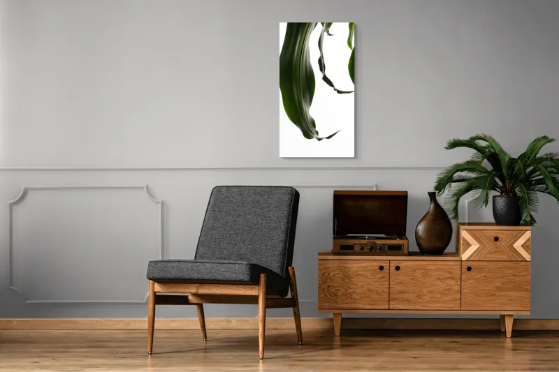 Tablou Canvas, "Frumusețea discretă a frunzelor verzi", Frunze, Verde, Elegante, Fluiditate, Alb, Minimalism, Natură, 50 x 90 cm – poza 8