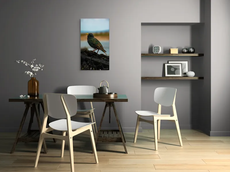 Tablou Canvas, "Sticletele în lumina dimineții", Pasăre, Culori, Penaj, Natură, Bokeh, Lumină, Detalii, Frumusețe, Serenitate, Vedere, Contrast, Peisaj., 50 x 90 cm – poza 4