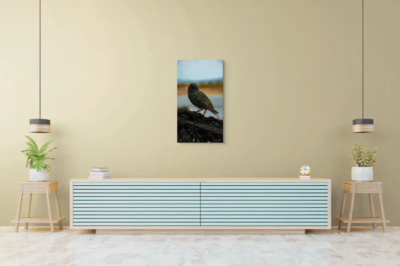 Tablou Canvas, "Sticletele în lumina dimineții", Pasăre, Culori, Penaj, Natură, Bokeh, Lumină, Detalii, Frumusețe, Serenitate, Vedere, Contrast, Peisaj., 50 x 90 cm – poza 6