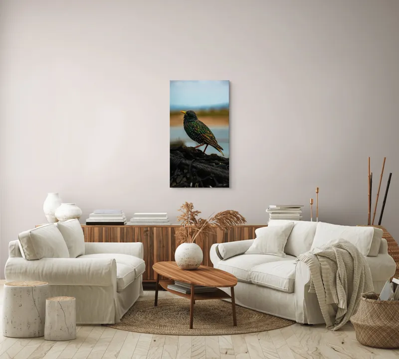 Tablou Canvas, "Sticletele în lumina dimineții", Pasăre, Culori, Penaj, Natură, Bokeh, Lumină, Detalii, Frumusețe, Serenitate, Vedere, Contrast, Peisaj., 50 x 90 cm – poza 7