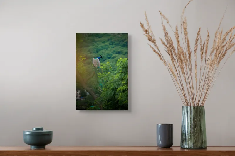 Tablou Canvas, "Păun pe crengile verzi ale colinei", Peacock, Tree, Feathers, Forest, Green, Nature, Serenity, 26 x 39 cm – poza 5