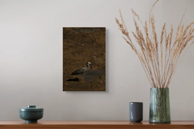 Tablou Canvas, "Egretul și oglinda pământului umed", Pasăre, Noroi, Reflecție, Liniște, Solitar, Serenitate, Armonie., 26 x 39 cm – poza 5