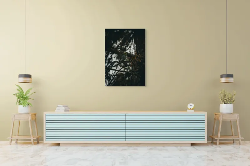 Tablou Canvas, "Pasăre ascunsă printre crengile copacilor", Pene, Frunziș, Umbre, Natură, Ramuri, Pasăre, Mister, Întuneric, 70 x 100 cm – poza 5