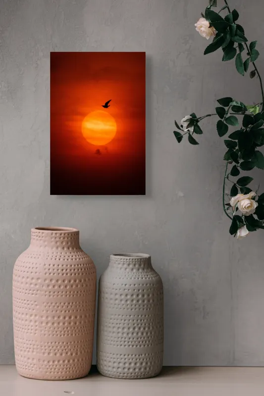 Tablou Canvas, "Zborul păsării la apusul soarelui", Cer, Apus, Pasăre, Siluetă, Portocaliu, Soare, Umbre, Norii, Calm, Frumusețe, 26 x 39 cm – poza 6