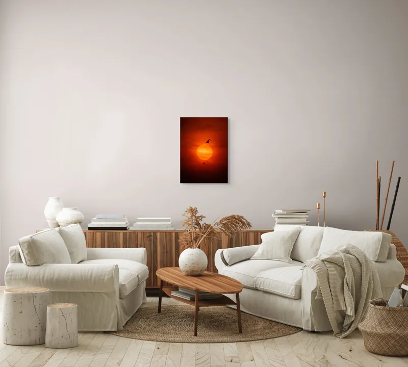 Tablou Canvas, "Zborul păsării la apusul soarelui", Cer, Apus, Pasăre, Siluetă, Portocaliu, Soare, Umbre, Norii, Calm, Frumusețe, 39 x 54 cm – poza 5