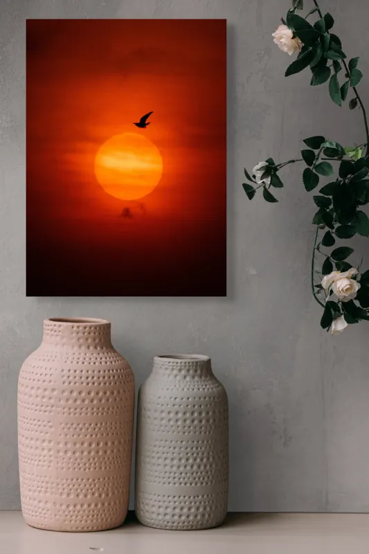 Tablou Canvas, "Zborul păsării la apusul soarelui", Cer, Apus, Pasăre, Siluetă, Portocaliu, Soare, Umbre, Norii, Calm, Frumusețe, 39 x 54 cm – poza 6