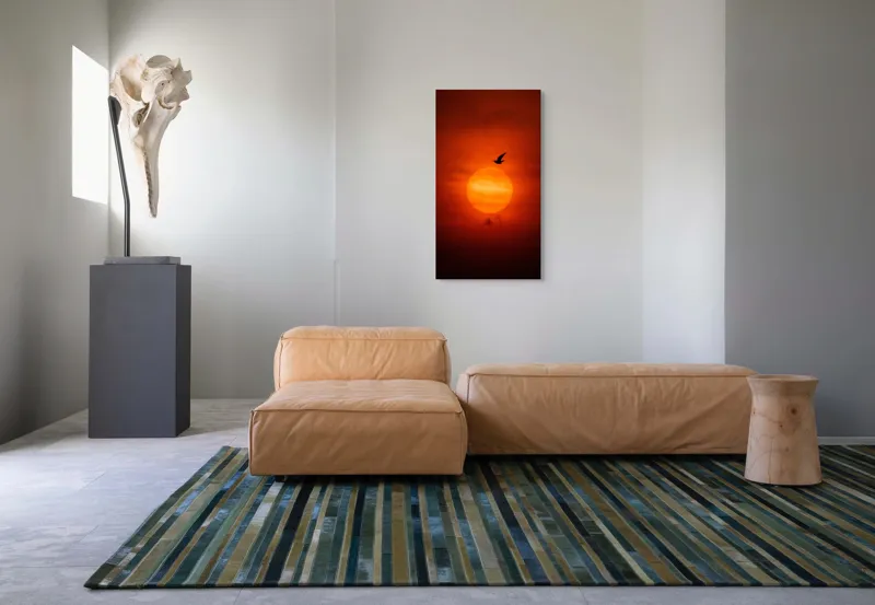 Tablou Canvas, "Zborul păsării la apusul soarelui", Cer, Apus, Pasăre, Siluetă, Portocaliu, Soare, Umbre, Norii, Calm, Frumusețe, 50 x 90 cm – poza 5