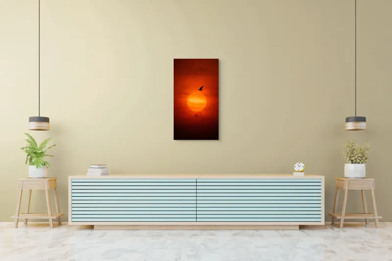 Tablou Canvas, "Zborul păsării la apusul soarelui", Cer, Apus, Pasăre, Siluetă, Portocaliu, Soare, Umbre, Norii, Calm, Frumusețe, 50 x 90 cm – poza 6