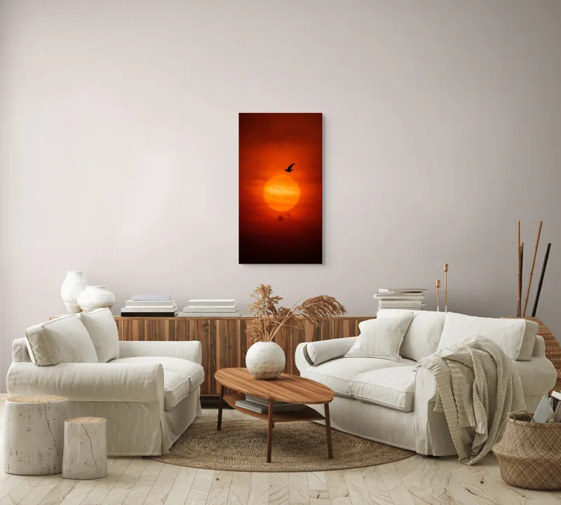 Tablou Canvas, "Zborul păsării la apusul soarelui", Cer, Apus, Pasăre, Siluetă, Portocaliu, Soare, Umbre, Norii, Calm, Frumusețe, 50 x 90 cm – poza 7