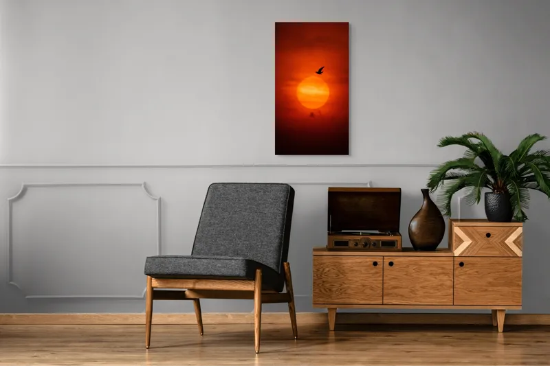 Tablou Canvas, "Zborul păsării la apusul soarelui", Cer, Apus, Pasăre, Siluetă, Portocaliu, Soare, Umbre, Norii, Calm, Frumusețe, 50 x 90 cm – poza 8