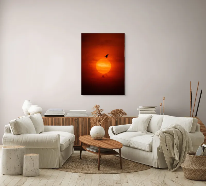 Tablou Canvas, "Zborul păsării la apusul soarelui", Cer, Apus, Pasăre, Siluetă, Portocaliu, Soare, Umbre, Norii, Calm, Frumusețe, 70 x 100 cm – poza 4