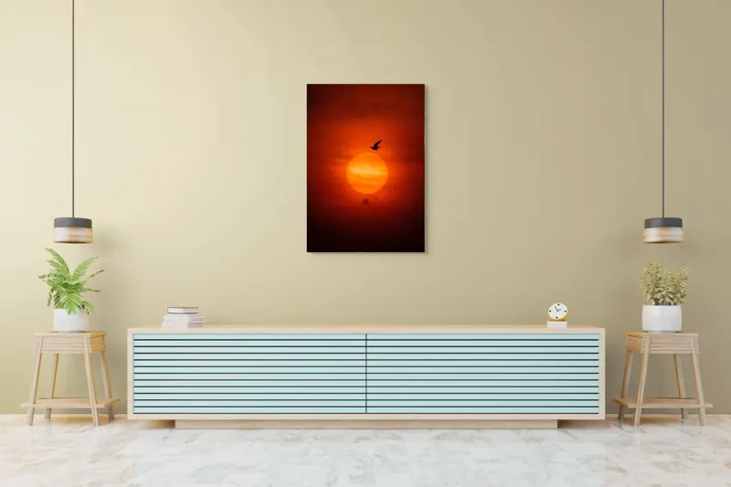 Tablou Canvas, "Zborul păsării la apusul soarelui", Cer, Apus, Pasăre, Siluetă, Portocaliu, Soare, Umbre, Norii, Calm, Frumusețe, 70 x 100 cm – poza 5