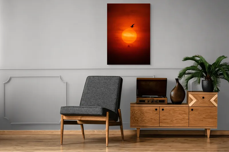 Tablou Canvas, "Zborul păsării la apusul soarelui", Cer, Apus, Pasăre, Siluetă, Portocaliu, Soare, Umbre, Norii, Calm, Frumusețe, 70 x 100 cm – poza 6