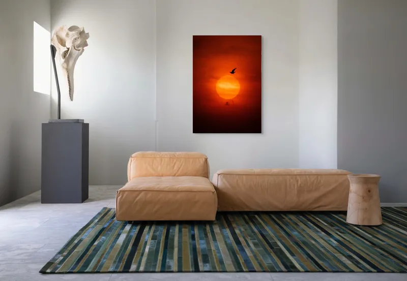 Tablou Canvas, "Zborul păsării la apusul soarelui", Cer, Apus, Pasăre, Siluetă, Portocaliu, Soare, Umbre, Norii, Calm, Frumusețe, 70 x 100 cm – poza 7