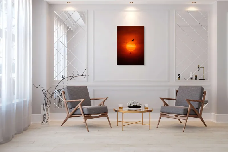 Tablou Canvas, "Zborul păsării la apusul soarelui", Cer, Apus, Pasăre, Siluetă, Portocaliu, Soare, Umbre, Norii, Calm, Frumusețe, 70 x 100 cm – poza 8