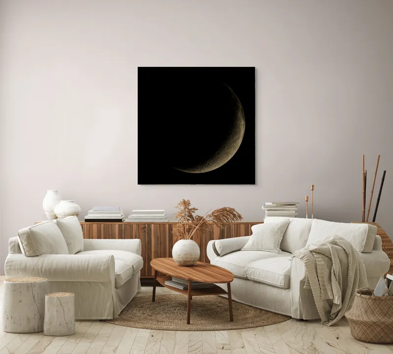 Tablou Canvas, "Lumina tainică a lunii noi", Mister, Serenitate, Umbre, Lumina, Fascinație, Taină, Astronomie, Noapte, 100 x 100 cm – poza 3
