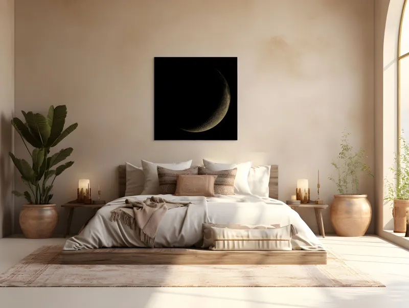 Tablou Canvas, "Lumina tainică a lunii noi", Mister, Serenitate, Umbre, Lumina, Fascinație, Taină, Astronomie, Noapte, 100 x 100 cm – poza 4