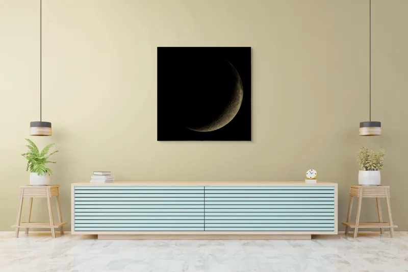 Tablou Canvas, "Lumina tainică a lunii noi", Mister, Serenitate, Umbre, Lumina, Fascinație, Taină, Astronomie, Noapte, 100 x 100 cm – poza 5