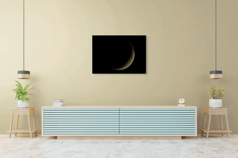 Tablou Canvas, "Lumina tainică a lunii noi", Mister, Serenitate, Umbre, Lumina, Fascinație, Taină, Astronomie, Noapte, 100 x 70 cm – poza 4