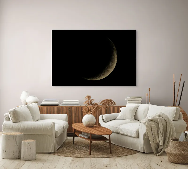 Tablou Canvas, "Lumina tainică a lunii noi", Mister, Serenitate, Umbre, Lumina, Fascinație, Taină, Astronomie, Noapte, 150 x 100 cm – poza 3