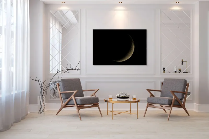 Tablou Canvas, "Lumina tainică a lunii noi", Mister, Serenitate, Umbre, Lumina, Fascinație, Taină, Astronomie, Noapte, 150 x 100 cm – poza 7