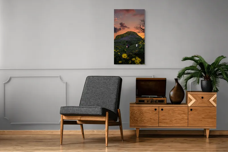 Tablou Canvas, "Magia Naturii în Asfințit de Vară", Flori, Apus, Deal, Nor, Persoane, Natura, Peisaj, Colorat, Cer, Copac., 50 x 90 cm – poza 8