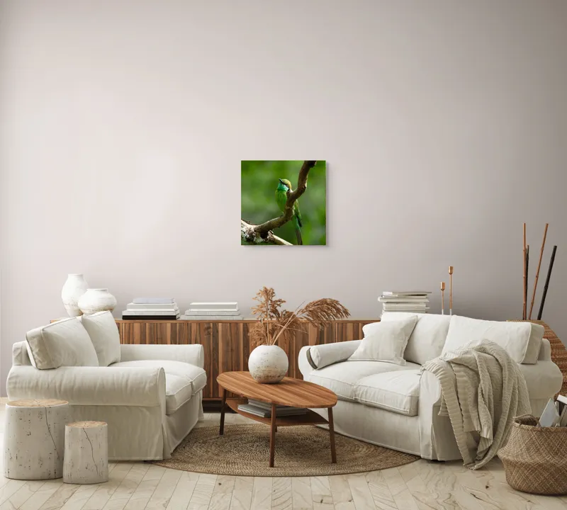 Tablou Canvas, "Pasărea smaraldului contemplativ pe ramură", Verde, Frumusețe, Delicatețe, Natură, Păsăre, Ramură, Serenitate, Grație, 50 x 50 cm – poza 7