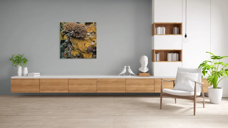 Tablou Canvas, "Bazar de corali subacvatici colorat", Colorat, Texturat, Marin, Corali, Biodiversitate, Oceanic, Vibrant, Natural, Vie, Ecosistem., 100 x 100 cm – poza 8