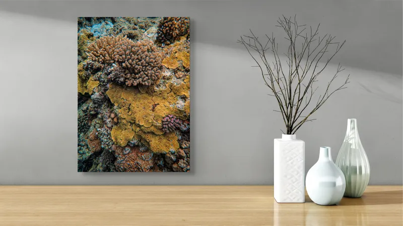 Tablou Canvas, "Bazar de corali subacvatici colorat", Colorat, Texturat, Marin, Corali, Biodiversitate, Oceanic, Vibrant, Natural, Vie, Ecosistem., 39 x 54 cm – poza 4