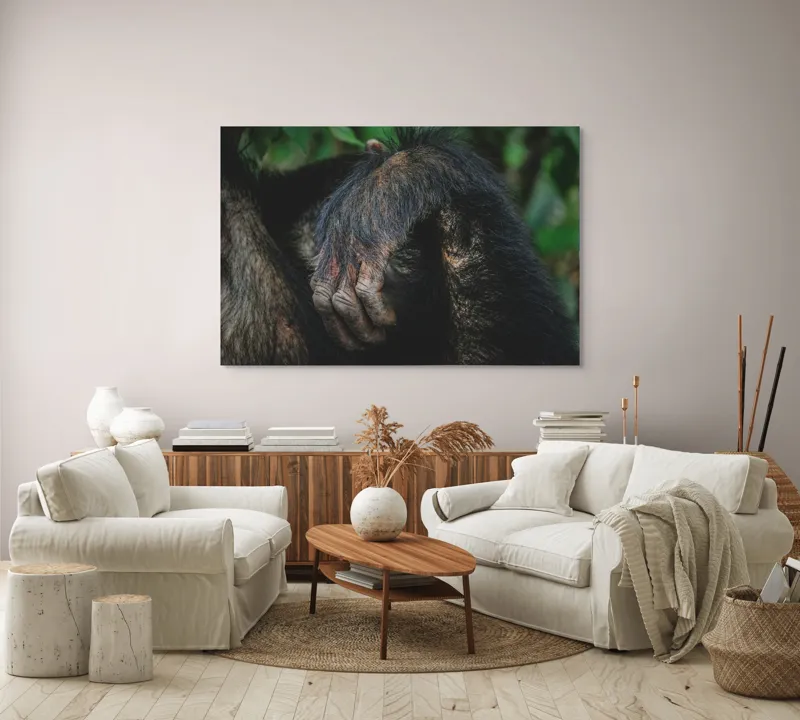 Tablou Canvas, "Mâna odihnită în liniștea junglei", Simian, Păr, Mână, Detaliu, Natură, Textură, Blană, Primate, Verdeață, Natural., 150 x 100 cm – poza 3