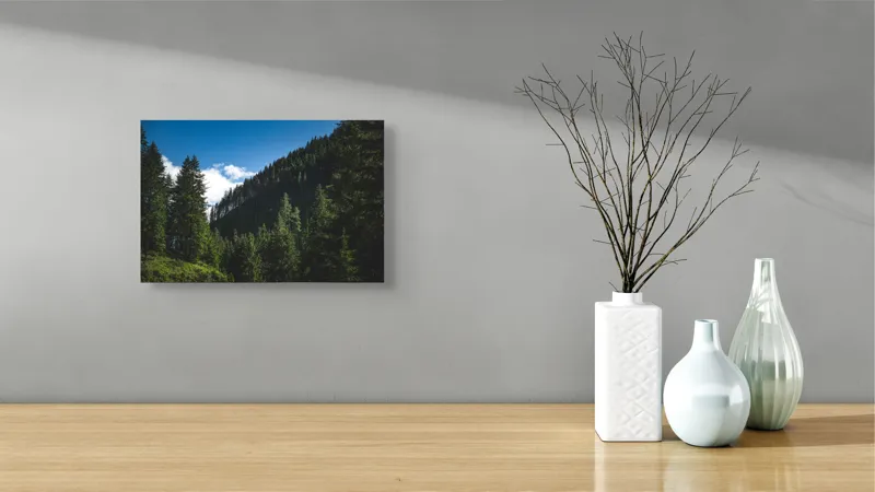 Tablou Canvas, "Verdele etern al pădurii carpatine", Copaci, Cer, Munte, Verdeață, Pădure, Natură, Lumină, Umbre, Albastru, Relaxare, 39 x 26 cm – poza 8
