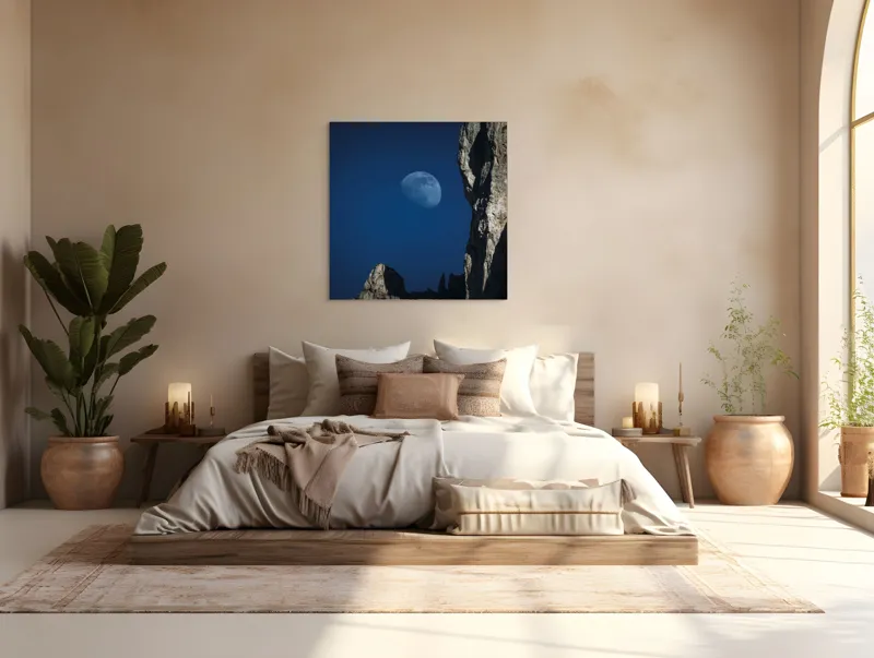 Tablou Canvas, "Luna misterioasă peste stânci semețe", Lună, Cer, Stâncă, Umbre, Noapte, Peisaj, Felinare, Stânci., 100 x 100 cm – poza 4
