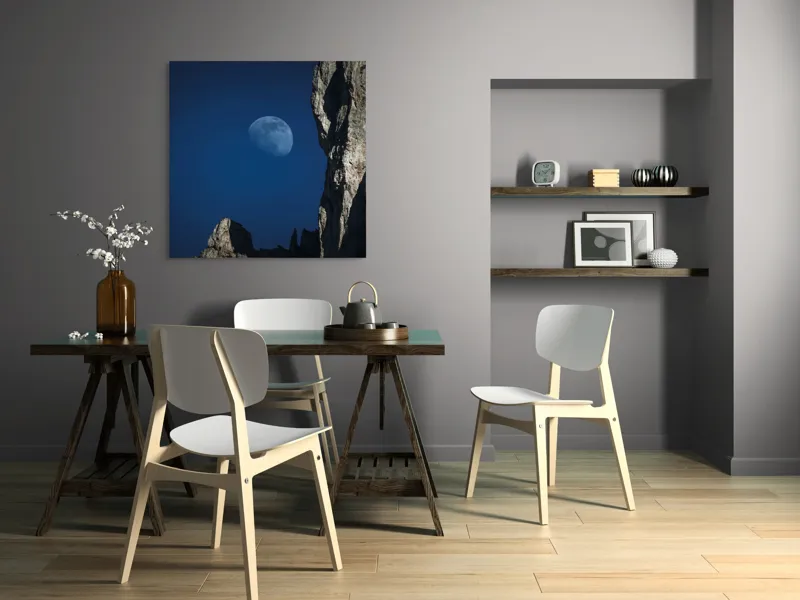 Tablou Canvas, "Luna misterioasă peste stânci semețe", Lună, Cer, Stâncă, Umbre, Noapte, Peisaj, Felinare, Stânci., 100 x 100 cm – poza 6