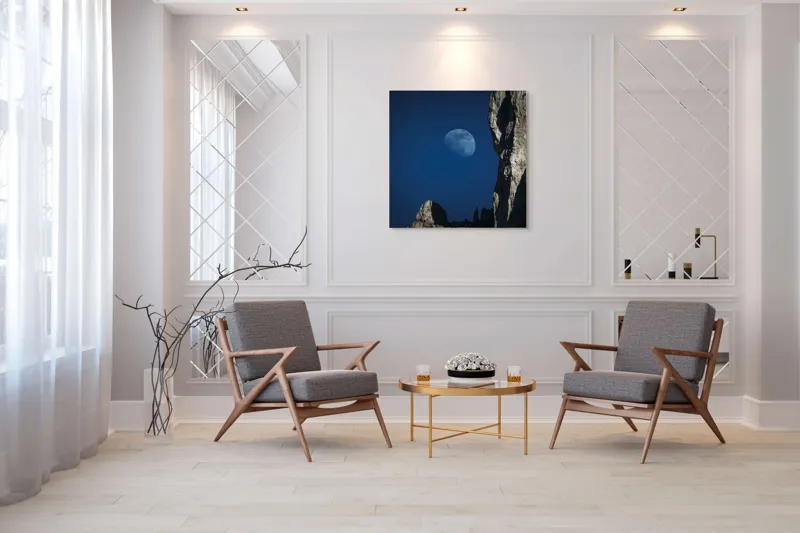 Tablou Canvas, "Luna misterioasă peste stânci semețe", Lună, Cer, Stâncă, Umbre, Noapte, Peisaj, Felinare, Stânci., 100 x 100 cm – poza 7