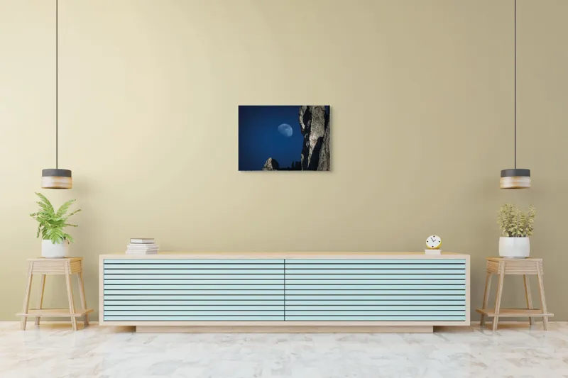 Tablou Canvas, "Luna misterioasă peste stânci semețe", Lună, Cer, Stâncă, Umbre, Noapte, Peisaj, Felinare, Stânci., 70 x 50 cm – poza 7