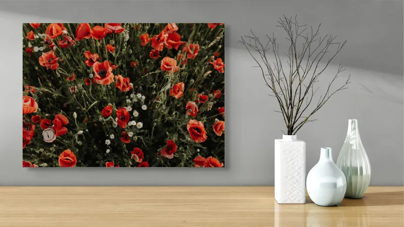 Tablou Canvas, "Câmpul de maci înfloriți vibrant", Mac, Roșu, Flori, Câmp, Verdeață, Natură, Delicatețe, Culoare, Frumusețe, Vise., 70 x 50 cm – poza 3