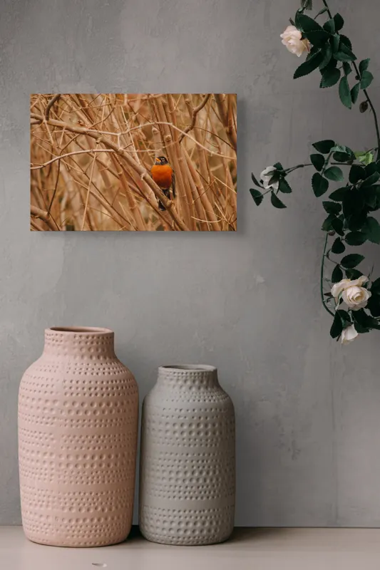 Tablou Canvas, "Mierla ascunsă între crengi uscate", Păsărică, Ramuri, Toamnă, Portocaliu, Natură, Ascunzătoare, Frunze, Aranjament, Peisaj, Observație, 39 x 26 cm – poza 4