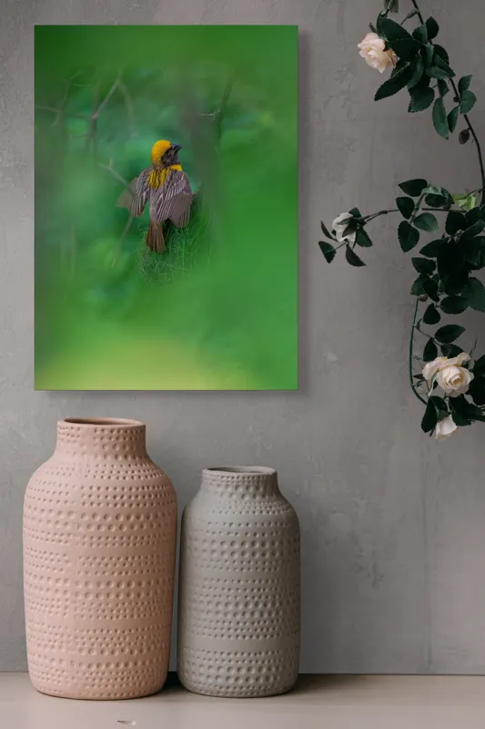 Tablou Canvas, "Păsăre galbenă ascunsă în frunze verzi", Pasăre, Cuib, Penaj, Verde, Ramuri, Natură, Lumină, Frunziș, Delicatețe, Observare, 39 x 54 cm – poza 6