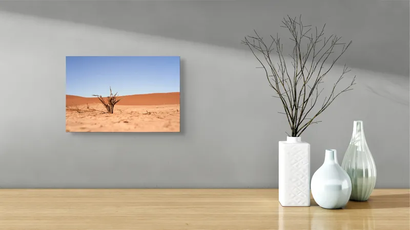 Tablou Canvas, "Plantă solitară în deșert infinit", Deșert, Pustietate, Cer, Ariditate, Solitudine, Plantă, Orizont, Vaste, Uscat, Căldură, 39 x 26 cm – poza 8