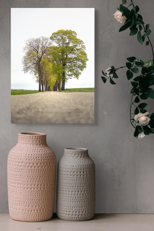 Tablou Canvas, "Drumul prin șirul de copaci verzi", Drum, Aliniament, Copaci, Verdeață, Cer, Primăvară, Perspectivă, Natural., 39 x 54 cm – poza 6