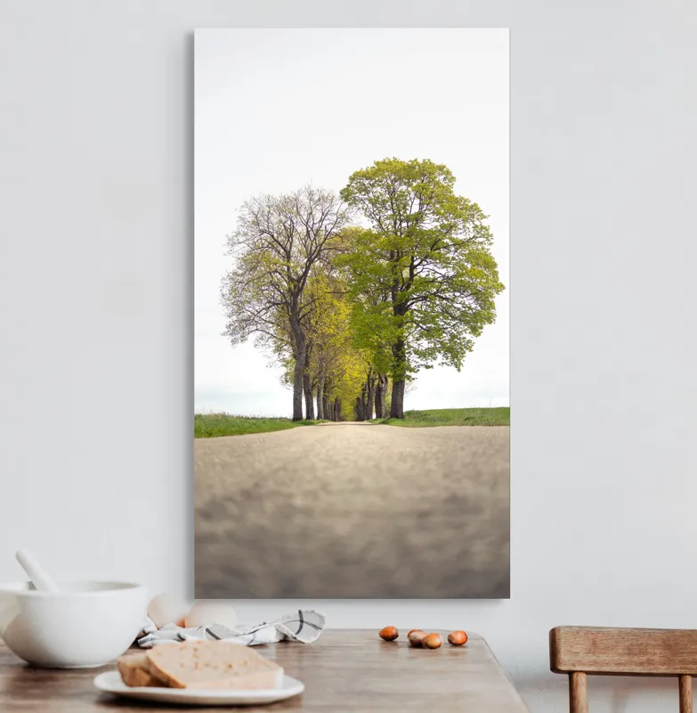 Tablou Canvas, "Drumul prin șirul de copaci verzi", Drum, Aliniament, Copaci, Verdeață, Cer, Primăvară, Perspectivă, Natural., 50 x 90 cm – poza 3