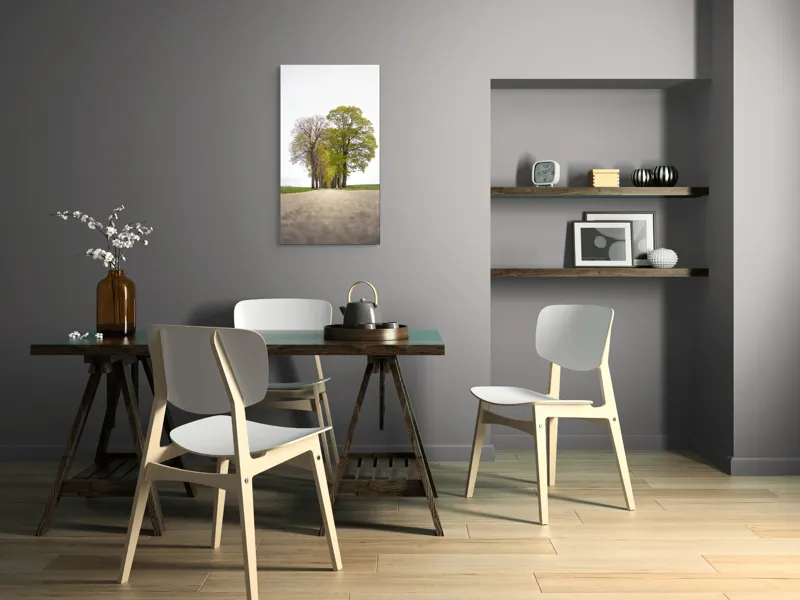 Tablou Canvas, "Drumul prin șirul de copaci verzi", Drum, Aliniament, Copaci, Verdeață, Cer, Primăvară, Perspectivă, Natural., 50 x 90 cm – poza 4
