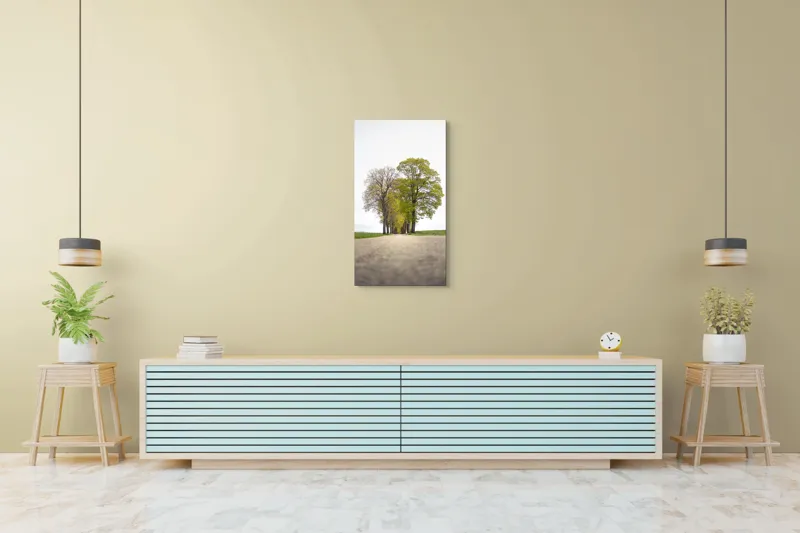 Tablou Canvas, "Drumul prin șirul de copaci verzi", Drum, Aliniament, Copaci, Verdeață, Cer, Primăvară, Perspectivă, Natural., 50 x 90 cm – poza 6