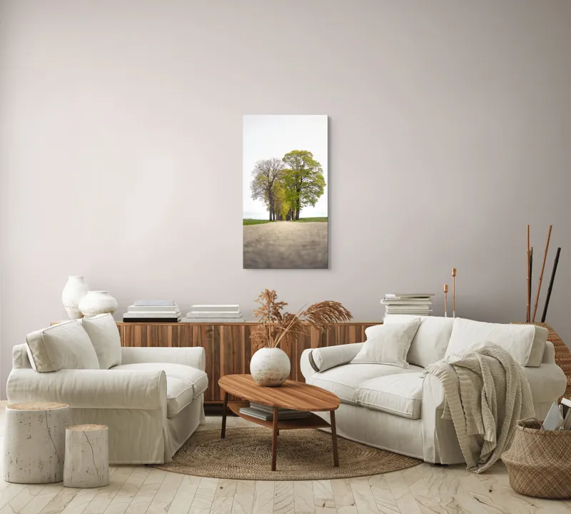 Tablou Canvas, "Drumul prin șirul de copaci verzi", Drum, Aliniament, Copaci, Verdeață, Cer, Primăvară, Perspectivă, Natural., 50 x 90 cm – poza 7